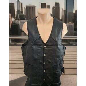 NWT! Zeebro Classic Biker Black Leather Vest with Adjustable Lacing Sz 46 $125